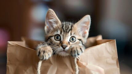 Cute Kitten Peering Out of Paper Bag