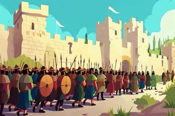 Israelites march around collapsing walls of Jericho, biblical battle scene, vector illustration - obrazy, fototapety, plakaty