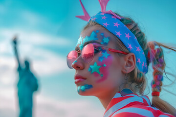 High fashion portrait of model with make up of American flag on face. Blurred Statue of Liberty on...