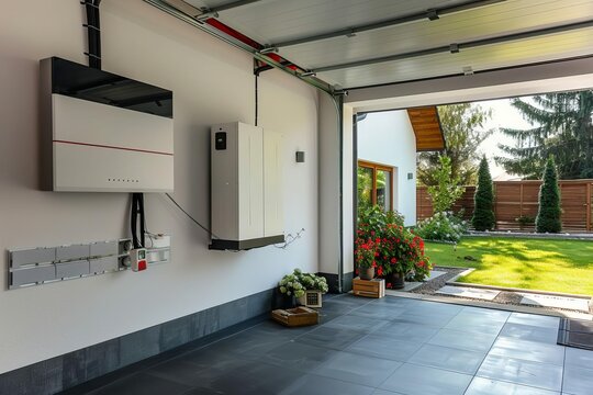 Home battery storage system with alternative energy packs mounted on garage wall, sustainable living concept, photo