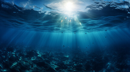 Sunlight Piercing Ocean Depth with Marine Life - obrazy, fototapety, plakaty