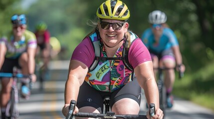 Fototapeta na wymiar The exuberance of fat women participating in a cycling event, their smiles wide as they pedal through scenic routes, highlighting the exhilaration of speed, wind in their hair