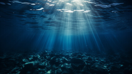 Calm Underwater Scene with Sunlight and Rocky Bottom - obrazy, fototapety, plakaty