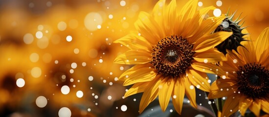 Two vibrant sunflowers with large yellow petals and green stems are standing upright in the midst of falling raindrops - Powered by Adobe