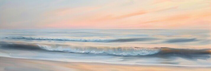 Fototapeta premium The serene beauty of a calm ocean at sunrise, where gentle waves whisper to the shore under a sky painted in soft hues of pink and orange.