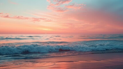Naklejka na ściany i meble The serene beauty of a calm ocean at sunrise, where gentle waves whisper to the shore under a sky painted in soft hues of pink and orange.