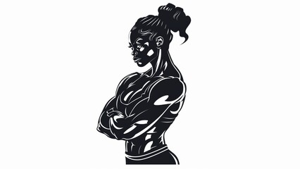 a minimalist icon drawing of a cute pump bodybuilder physique in the shape of a African female, cutely focused with big buff arms, black and white logo