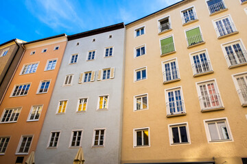 Colorful tall Bavarian style buildings in Landsberg city Germany.