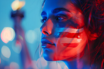 High fashion portrait of model with make up of American flag on face. Blurred Statue of Liberty on background. 4th of July Independence Day celebration - obrazy, fototapety, plakaty