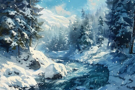 Frozen mountain stream in a snow-covered forest, winter wonderland landscape, digital painting
