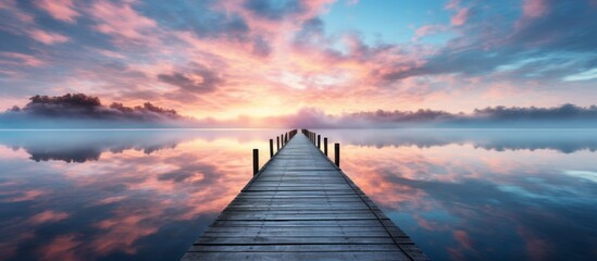 The wooden dock is stretching out into the calm waters as the sun rises in the horizon, creating a tranquil and picturesque scene - obrazy, fototapety, plakaty
