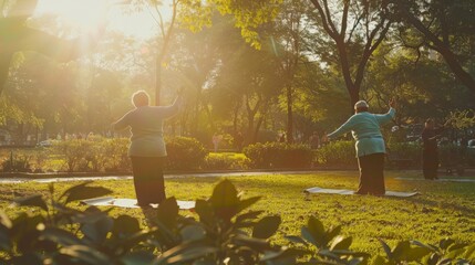 Depict a serene morning as fat women practice Tai Chi in a tranquil park, their synchronized movements creating a peaceful harmony, emphasizing balance, mental well-being, and the beauty of slow - obrazy, fototapety, plakaty