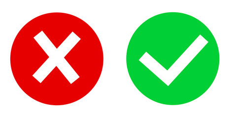 Green check mark and cross x isolated on white background