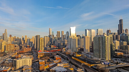 Naklejka na ściany i meble Drone view of the city of Downtown Chicago during the afternoon time 