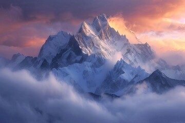 Snow-capped mountain peaks rising above a misty valley at sunrise, majestic landscape photography - obrazy, fototapety, plakaty