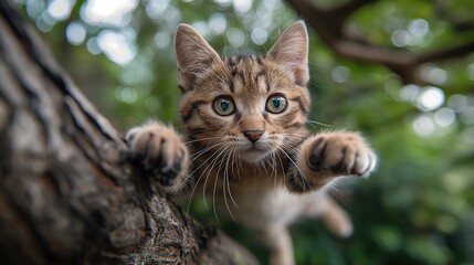Naklejka na ściany i meble Tabby Kitten Climbing a Tree