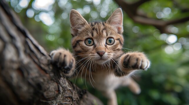Tabby Kitten Climbing a Tree