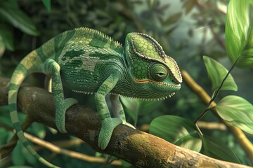 Close-up of a green chameleon on a branch, amazing nature and camouflage, 3D illustration