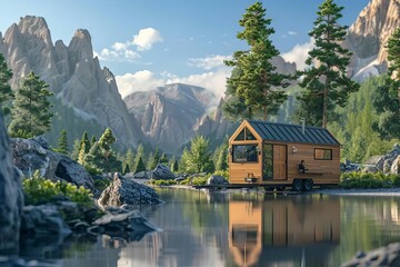 Fototapeta na wymiar Tiny house on wheels parked in a scenic landscape, sustainable living concept, 3D rendering