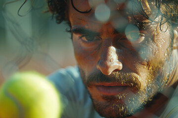 European male tennis player and blurred tennis ball, expressing his deep love for the sport, dedication and passion of athlete and game concept