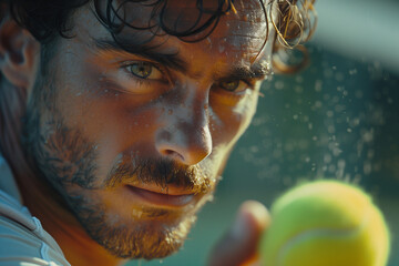 European male tennis player and blurred tennis ball, expressing his deep love for the sport, dedication and passion of athlete and game concept