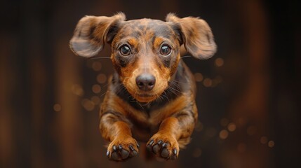 Cute Dachshund Puppy on Brown Background - obrazy, fototapety, plakaty