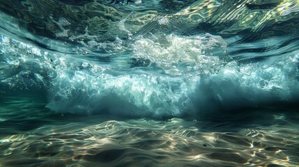 Depict an underwater perspective of waves from below the surface, highlighting the dance of light and shadows as the water moves, offering a unique view of the ocean's energy.