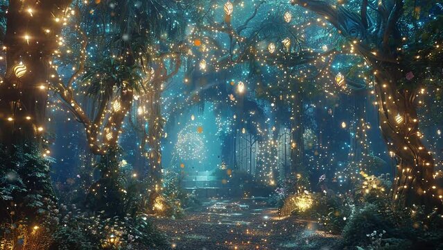 magical fantasy background. enchanted ballroom nestled within a mystical forest. seamless looping overlay 4k virtual video animation background