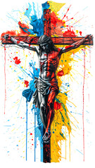 Single continuous line drawing depicts Jesus Christ on the cross, with a crown of thorns and blood on his face and body. Splatters of red, yellow and blue paint. Isolated on white background, 9:16