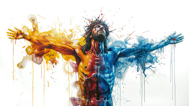 Single continuous line drawing depicts Jesus Christ on the cross, with a crown of thorns and blood on his face and body. Splatters of red, yellow and blue paint. Isolated on white background, 16:9