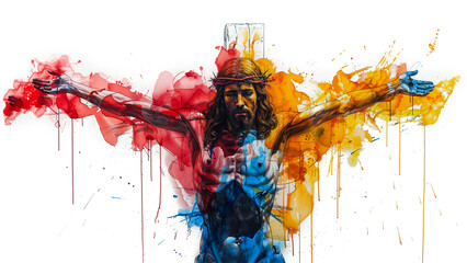 Single continuous line drawing depicts Jesus Christ on the cross, with a crown of thorns and blood on his face and body. Splatters of red, yellow and blue paint. Isolated on white background, 16:9 - obrazy, fototapety, plakaty
