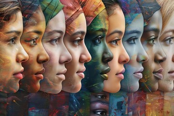 Multicultural female faces collage representing diversity, equality and unity, digital illustration
