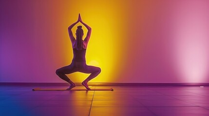 A woman doing a yoga pose in silhouette on a stage against a backdrop lighted in shades of purple and yellow.