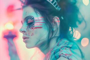 High fashion portrait of model with make up of American flag on face. Blurred Statue of Liberty on...