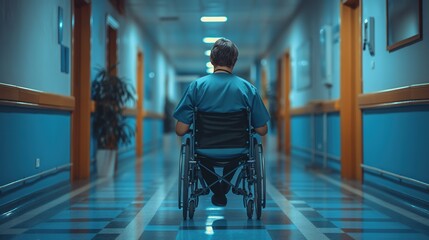 Person in Wheelchair Navigating Hospital Corridor