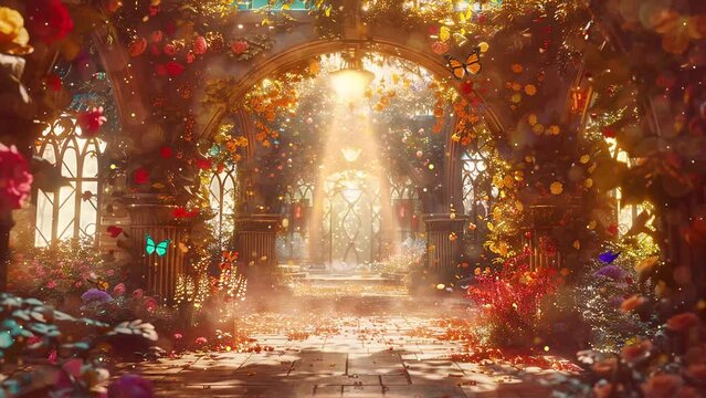 magic nature fantasy background. enchanted garden ballroom within a magical realm. seamless looping overlay 4k virtual video animation background