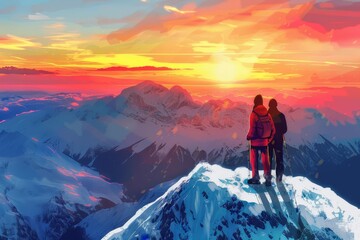 Naklejka na ściany i meble Hikers couple enjoying breathtaking mountain view at winter sunrise, digital painting