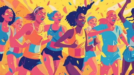 Illustrate a vibrant scene of young sportswomen celebrating at the finish line of a marathon, their faces alight with the triumph of personal and collective achievement