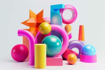 Abstract 3D geometric shapes in vibrant colors on white background, digital art