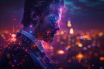 Abstract representation of a businessman wearing a suit and wearing a crown, made up of dots, lines, and shapes that resemble planets, stars - obrazy, fototapety, plakaty