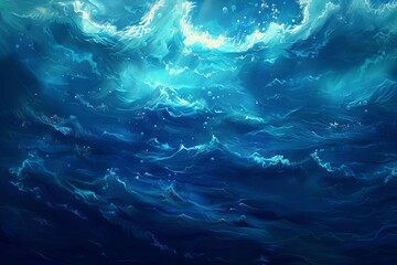 Abstract underwater scene with blue ocean waves, digital illustration