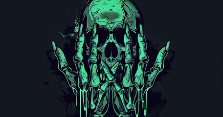 tshirt design of praying hands with skull in neon colors and green glow in the dark ink on a black background, in the style of anime