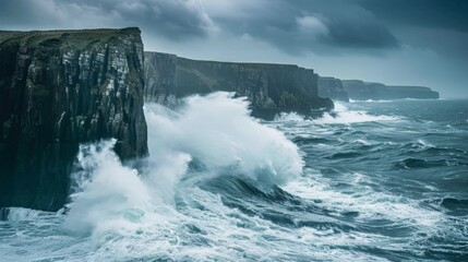the dramatic contrast of a stormy sea, with towering waves crashing against rugged cliffs, showcasing the raw power of nature.