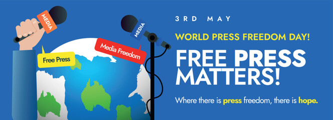 World press freedom day. 3rd May Press freedom Day awareness social media banner with hand holding press microphone, big earth globe world map and speech bubbles of Free Press and Media Freedom.