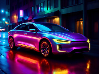 Futuristic sleek design car driving through an empty night city, road is wet from falling rain, colourful reflections from the car headlights, Neon Noir aesthetic