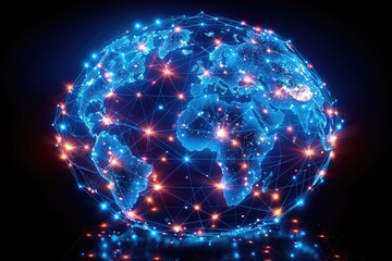 Low poly art depiction of the Earth globe. 3D planet with polygons. Concept of outer space with linked lines and dots.