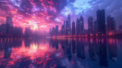Vibrant cityscape reflected in harbor at sunrise - obrazy, fototapety, plakaty