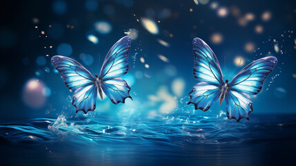 Ethereal Blue Butterflies Over Water at Night