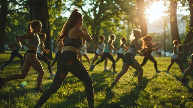 an early morning boot camp workout in a city park, where a group of young women engage in various high-intensity exercises, demonstrating determination, resilience - Powered by Adobe