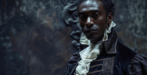 A black man stands stoically against a dark backdrop his romantic attire reminiscent of the Victorian era. The ornate ruffled collar of his shirt and the fitted velvet coat exude a . - obrazy, fototapety, plakaty